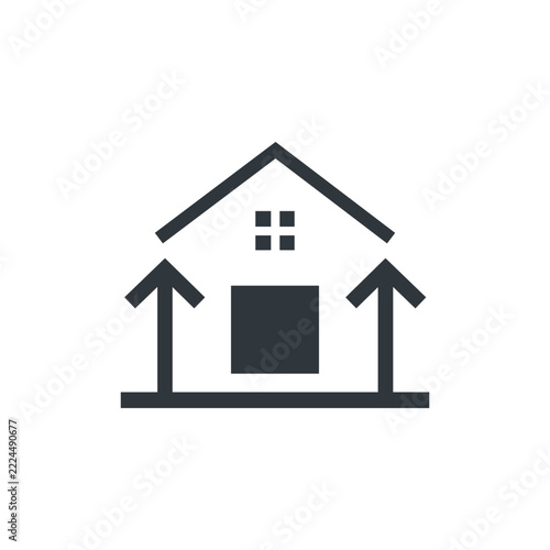 Minimalist real estate house icon with upward arrows for modern property construction business growth