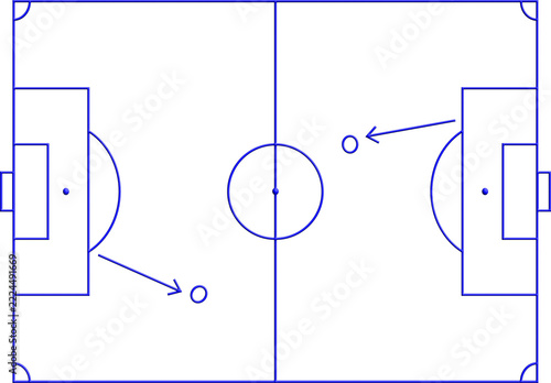 Football field diagram, soccer pitch top view line art, tactics board with player position markers