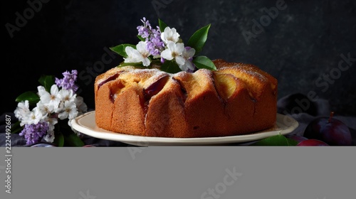 Delicious Freshly Baked Plum Cake with Flowers on Dark Background