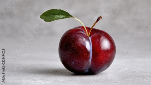 Fresh Red Plum with Leaf on Grey Surface in Natural Light