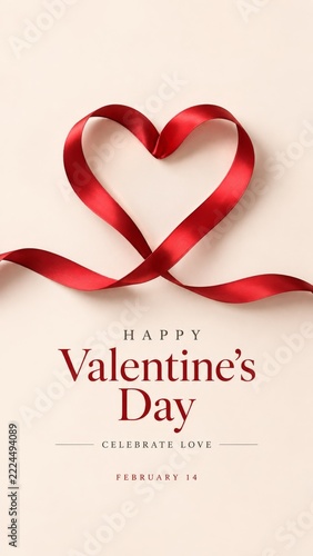 Valentines Day Poster with red satin ribbon heart in a Vertical Greeting Design