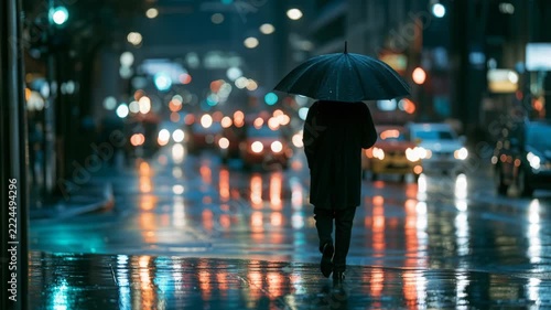 Person walking with umbrella on a wet street at night with city lights in background