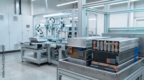 Advanced electric vehicle battery packs stacked in a modern production facility, showcasing robotic automation and cutting-edge technology for sustainable automotive energy solutions