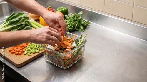 Professional Chef Preparing Fresh Organic Vegetables in a Glass Container on a Stainless Steel Kitchen Counter