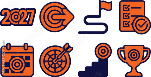 2027 Orange Goal Planning Icons with Target, Roadmap, Stairs and Trophy