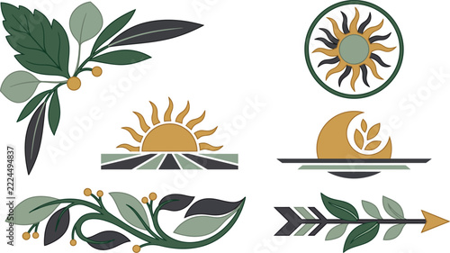 Botanical Sunrise Icon Set with Olive Branch, Leaves, Sun and Arrow