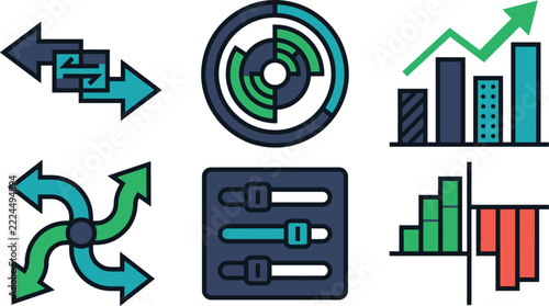 Business Data Icon Set with Growth Chart, Arrows, Sliders and Analytics