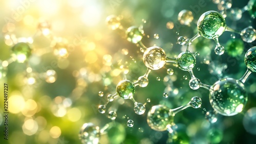 Transparent green molecular structure with glowing glass spheres and golden light