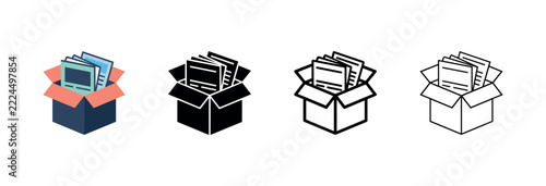 Cardboard box filled with documents icon. Archive, storage or office organization symbol.