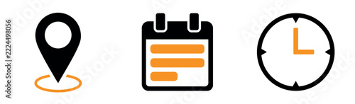 Location Calendar and Clock icons in black and orange flat vector style