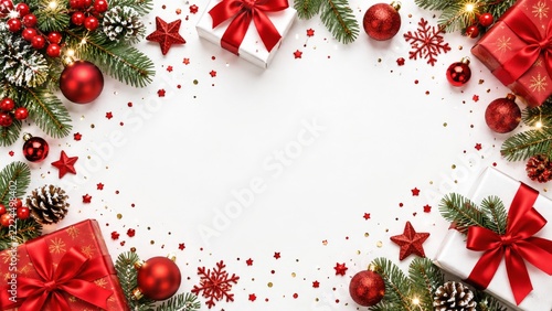 Red wrapped gifts ornaments stars and evergreen branches form a festive white...