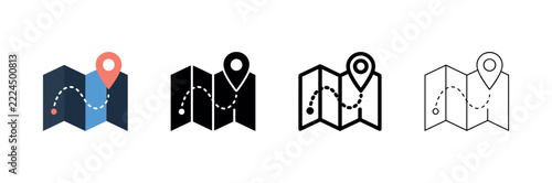 Folded Map with Pin and Route Icon Set, symbolizing navigation, travel planning, location, and journey tracking.