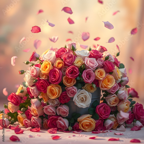 Romantic Rainbow Roses in an Enchanted Flower Bucket