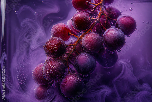 A cluster of dark purple grapes is suspended amidst swirling, ethereal purple smoke and droplets.