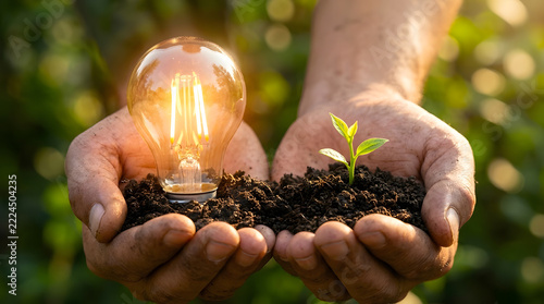 Hands Holding Glowing Light Bulb and Growing Green Plant Seedling Eco Energy