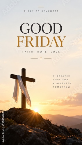 Good Friday Poster with cross landscape and golden sunlight in a Vertical Gre...