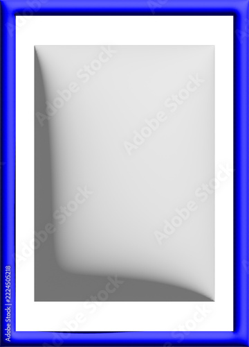 Photo frame, blue glossy rectangular border with blank grey panel, empty picture frame template for photos and design