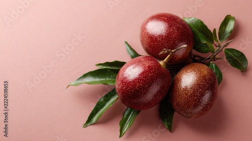 Fresh Passion Fruits with Leaves on Soft Pink Surface Background