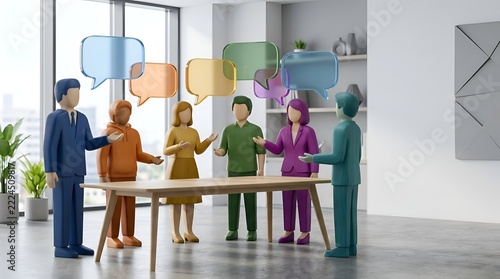 Group of Diverse 3D Stylized People or Wooden Figures Standing Around a Conference Table in a Modern Office Communicating with Colorful Glass Speech Bubbles During a Brainstorming Session