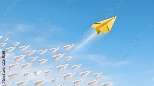 Yellow paper airplane flying higher and faster than a group of white planes in the blue sky, representing leadership, success, uniqueness, business innovation, and achieving higher goals.