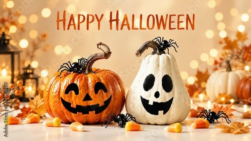 Happy Halloween Greeting with Glossy Jack-o’-Lantern Pumpkin, White Ghost Gourd, Black Spiders and Candy Corn