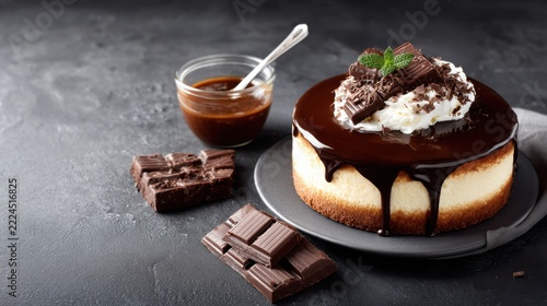 Delicious Chocolate Cake with Cream and Garnish on Dark Background