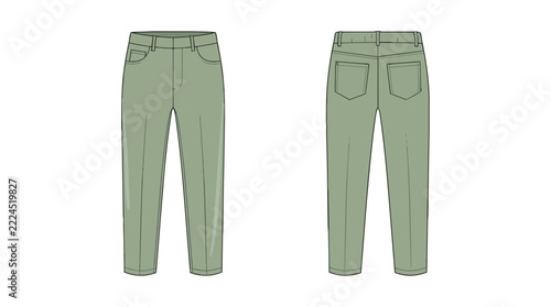 Green Casual Trousers Front and Back View Technical Drawing Flat Fashion Sketch Apparel Design Template