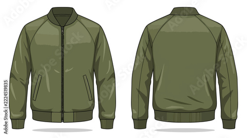 Men's Olive Green Bomber Jacket Mockup Set Front and Back View Technical Drawing Casual Outerwear Apparel Template