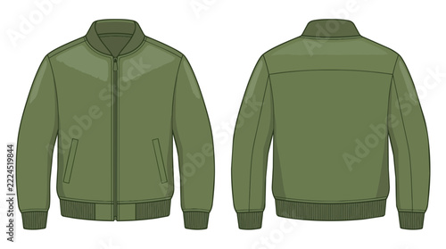 Blank Military Green Bomber Jacket Front and Rear View Technical Illustration Mockup Template for Designers