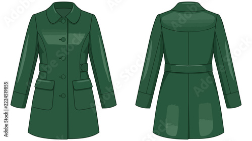 Stylish Green Raincoat or Trench Coat for Women with Buttons and Belt Details Front and Back View Template