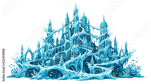 Fantastical aquatic castle made of water, ocean kingdom, fantasy architecture, underwater city, surreal structure, detailed illustration