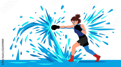 Female Boxer Punching Water Splash, Dynamic Action, Athletic Woman Training, Sport Illustration