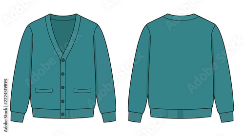 Teal Green Knitted V Neck Button Up Cardigan Sweater Technical Drawing Front and Back Views Fashion Illustration