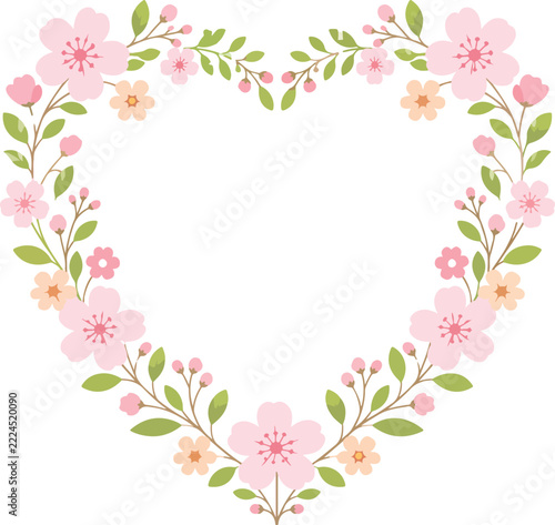 Pink cherry blossom floral heart wreath vector illustration