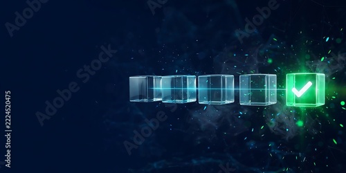 A series of transparent glass cubes floating in a dark space, with the final cube glowing bright green and containing a white checkmark symbol inside it