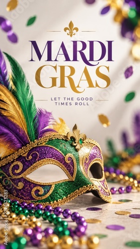 Mardi Gras Poster with purple mask feathers and pale confetti