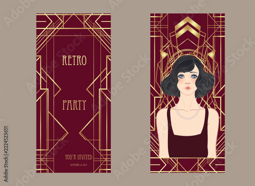 Art Deco design template with elegant flapper girl, geometric shapes, and decorative elements in dusty rose and gold tones. Perfect for invitations, fashion branding, events, or digital decor.