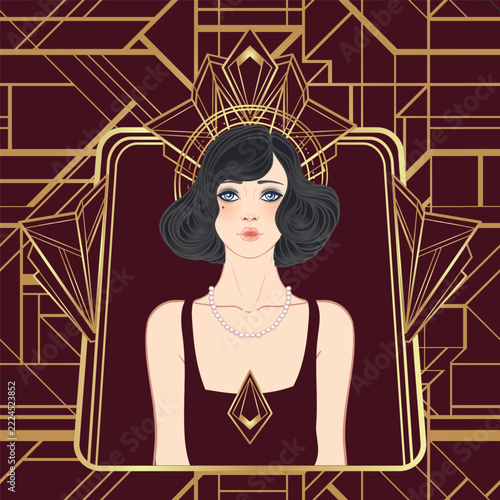 Art Deco design template with elegant flapper girl, geometric shapes, and decorative elements in dusty rose and gold tones. Perfect for invitations, fashion branding, events, or digital decor.