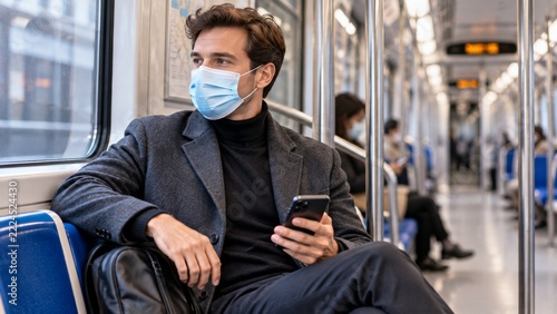A man wearing a blue medical mask sits in a subway carriage holding a smartphone