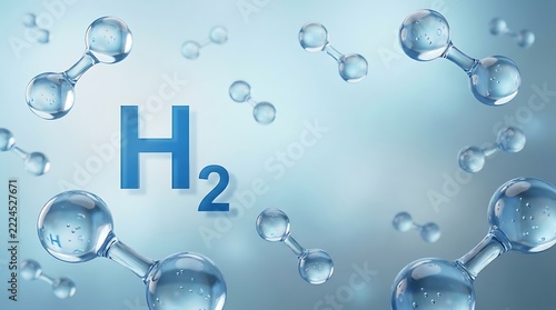 Hydrogen molecules floating in blue glowing fluid background with chemical formulas and transparent glass spheres showcasing clean renewable energy technology research and innovation concepts