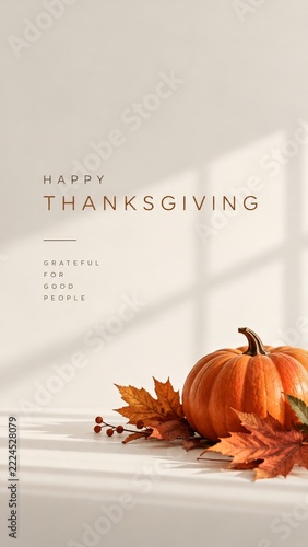 Thanksgiving Poster with small pumpkin and autumn leaves in a Vertical Greeti...