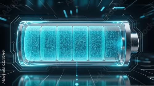 Futuristic Transparent Battery Filling with Blue Particles before Turning Green inside a Glowing Data Tunnel