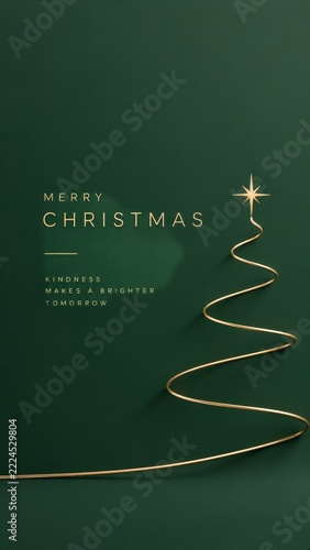 Christmas Poster with gold ribbon forming tree on green in a Vertical Greetin...