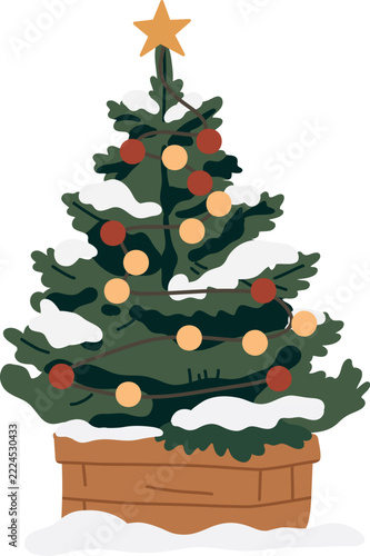 Flat vector illustration of a snow-covered Christmas tree in a wooden planter, decorated with red and yellow lights and a golden star, isolated on a transparent background.