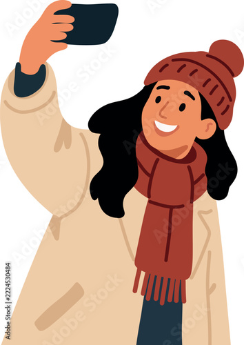 Flat vector illustration of a smiling woman taking a winter selfie with a smartphone, wearing a red knitted hat, matching scarf and beige coat, isolated on a transparent background.