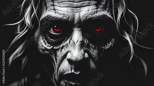 Frightening Zombie Face with Glowing Red Eyes Emerging from Darkness in a Black and White Horror Closeup