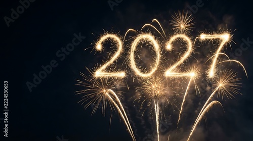 Glowing golden sparkles spell out the futuristic year twenty twenty seven against dark night sky background during vibrant holiday celebration event