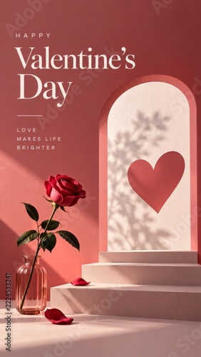 Valentines Day Poster with rose heart and red geometric arch