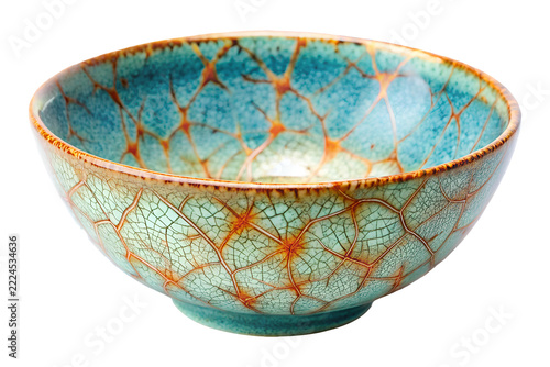 artistic kintsugi bowl featuring blue and orange lines textured finish on transparent background

