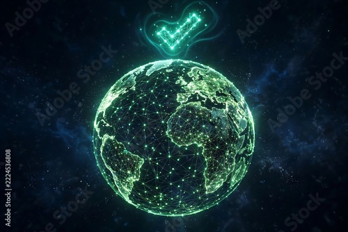 Glowing digital globe of the earth with a bright green check mark symbol floating above it, representing global success, environmental approval, and worldwide connectivity